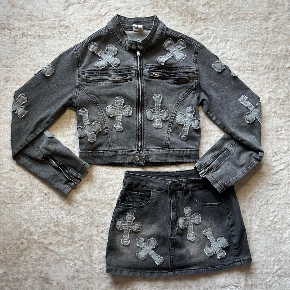 Black denim jacket and skirt